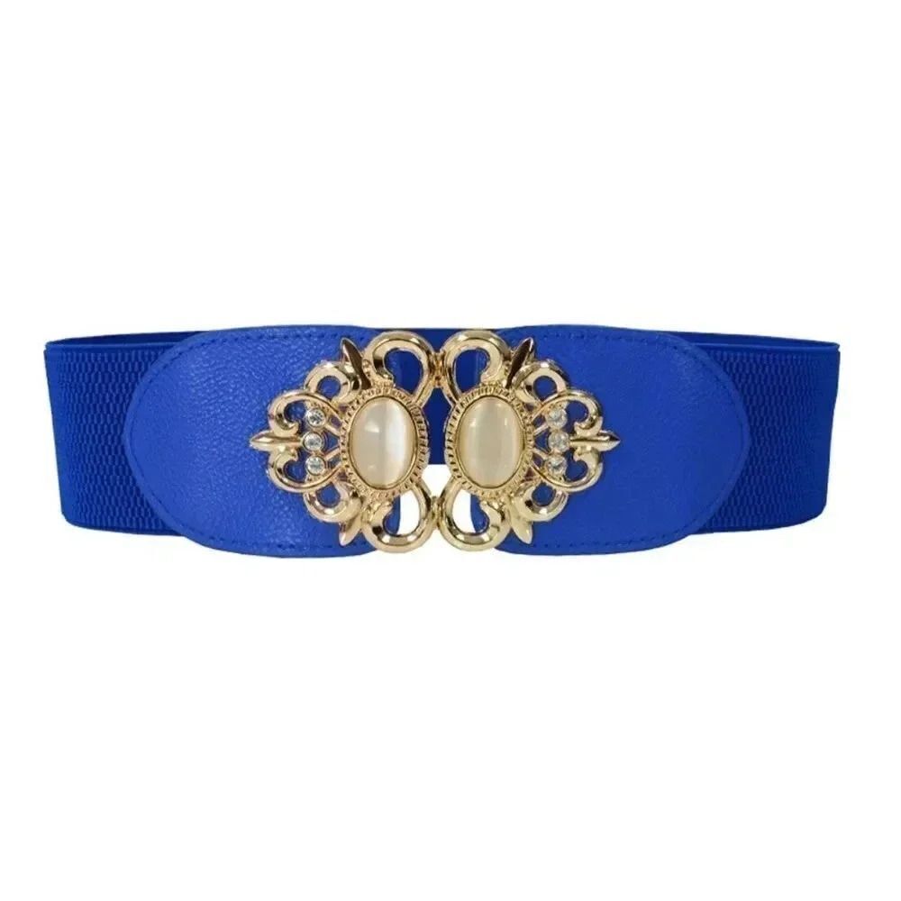 ATLAS High Quality Vegan Leather Embellished Elastic Belt ROYAL BLUE - GOLD